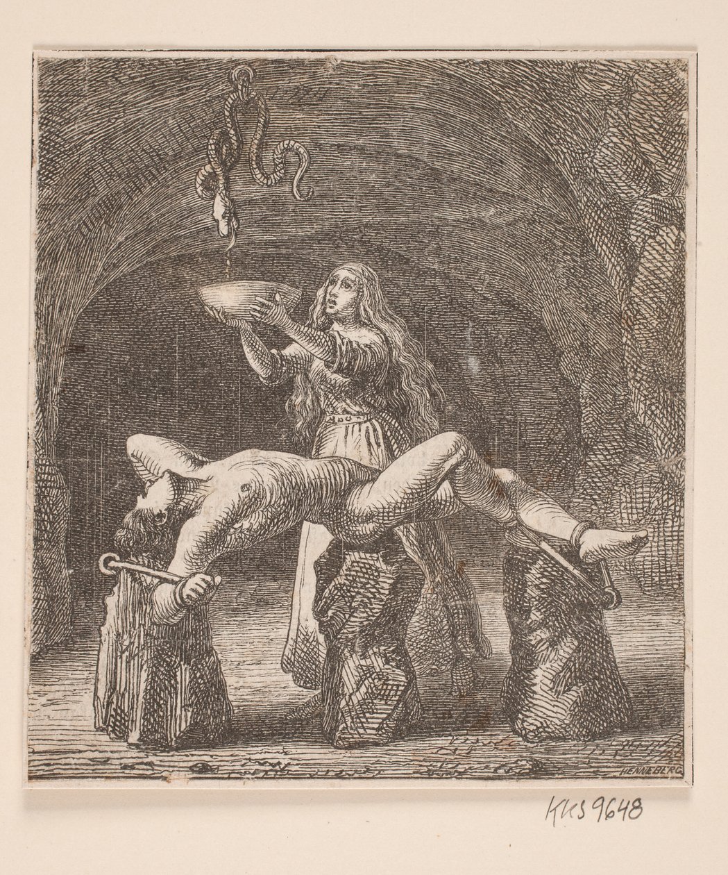 Sigyn håller skålen mellan ormen och Loke av H. C. Henneberg