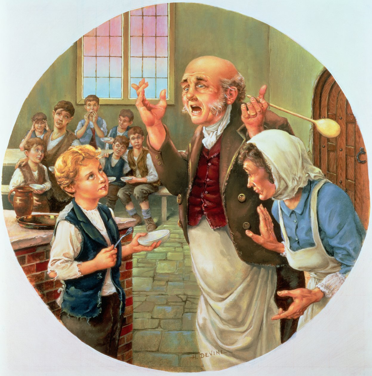 Oliver Twist ber om mer, från World of Charles Dickens, senare gjord som en Spode-tallrik av H. Devine