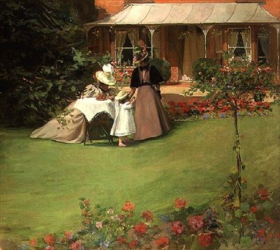 Eleganta damer i trädgården (olja på duk) av H. Francis Bate