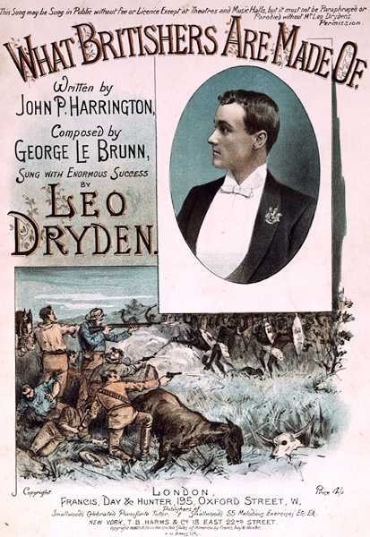 Framsidan av omslaget till "What Britishers Are Made Of", skrivet av John P. Harrington och komponerat av George le Brunn (färg litho) av H. G. Banks