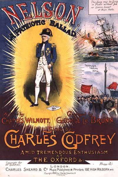 Framsida av partituret till "Nelson, A Patriotic Ballad", skrivet av Charles Wilmott och komponerat av George le Brunn (färglitografi) av H. G. Banks