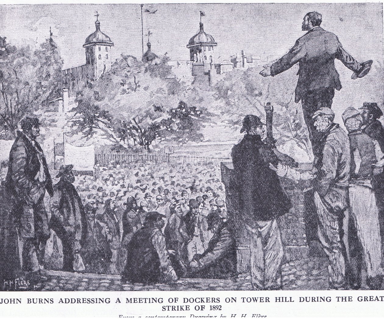 John Burns talar till ett möte med hamnarbetare på Tower Hill under den stora strejken 1892, från Cassells History of the British People utgiven av Waverley Book Company Limited, ca 1940. av H. H. Flere