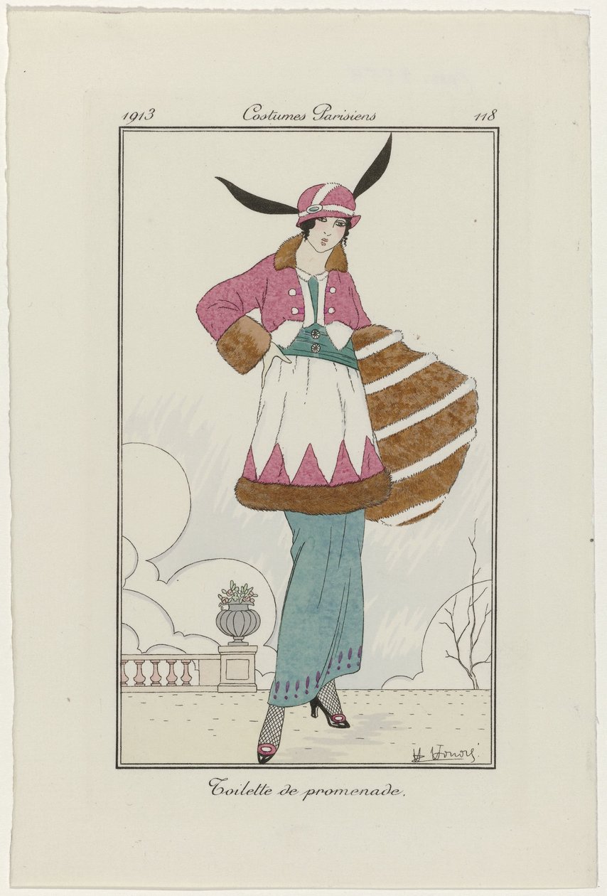 Journal of Ladies and Fashions: the Fashion Illustrators Journal of Ladies and Fashions: Fashion News Journal des Dames et des Modes, Costumes Parisiens, 1913, nr 118: Toalett för en promenad av H. Honore