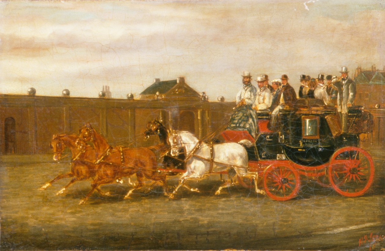 Buss på väg från London till Brighton (olja på duk) av H. J. Jones