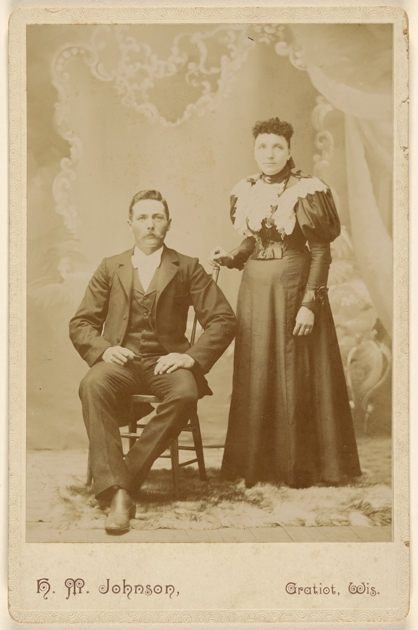 [Oidentifierat par: man med mustasch sittande, kvinna stående] av H. M. Johnson
