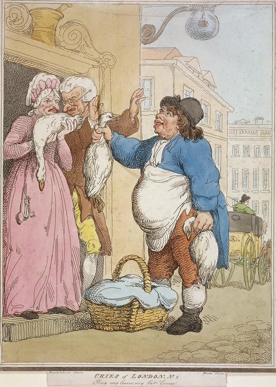 "Köp min gås, min tjocka gås", tavla II av Cries of London, 1799 av H Merke