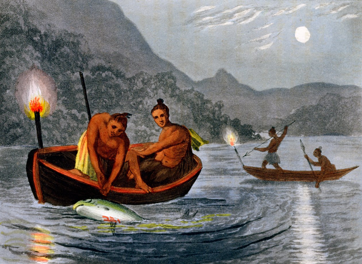 Indianer som fiskar med fackelljus i Nordamerika, 1813 av H Merke