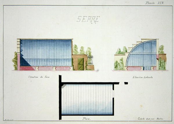 Design för ett växthus med böjda glasväggar och tak, från en folio av originalteckningar i klassisk och tidig Belle-Epoque-stil, ca 1870 (penna och bläck på papper) av H. Monnot