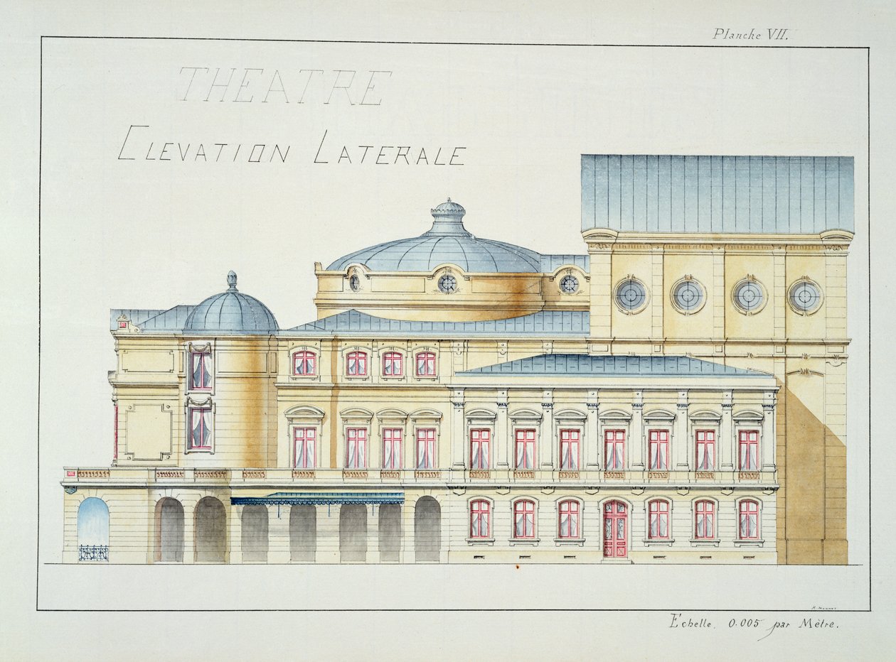 Lateral Elevation of a Theatre, plåt VII från en folio av mönster, c.1870 av H. Monnot