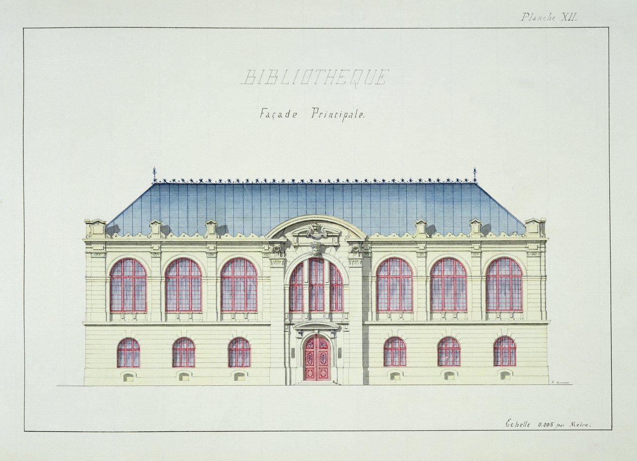 Huvudfasad av ett bibliotek, plåt XII från en folio av mönster, c.1870 av H. Monnot