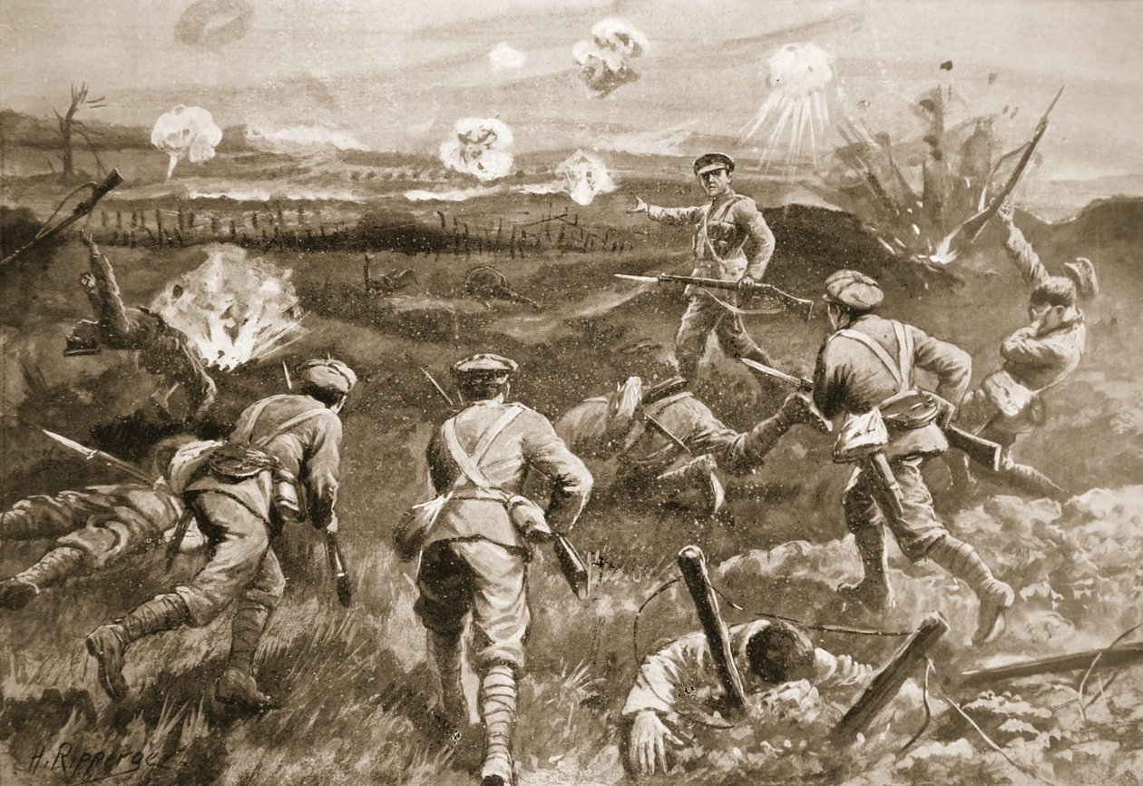 Sergeant H. Wells leder en pluton mot de tyska trådförvecklingarna efter att hans officer hade dödats av H. Ripperger