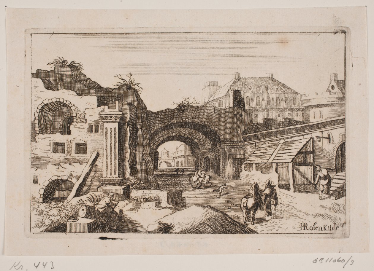 Stadsinredning med ruiner av klassiska byggnader av H. Rosenkilde