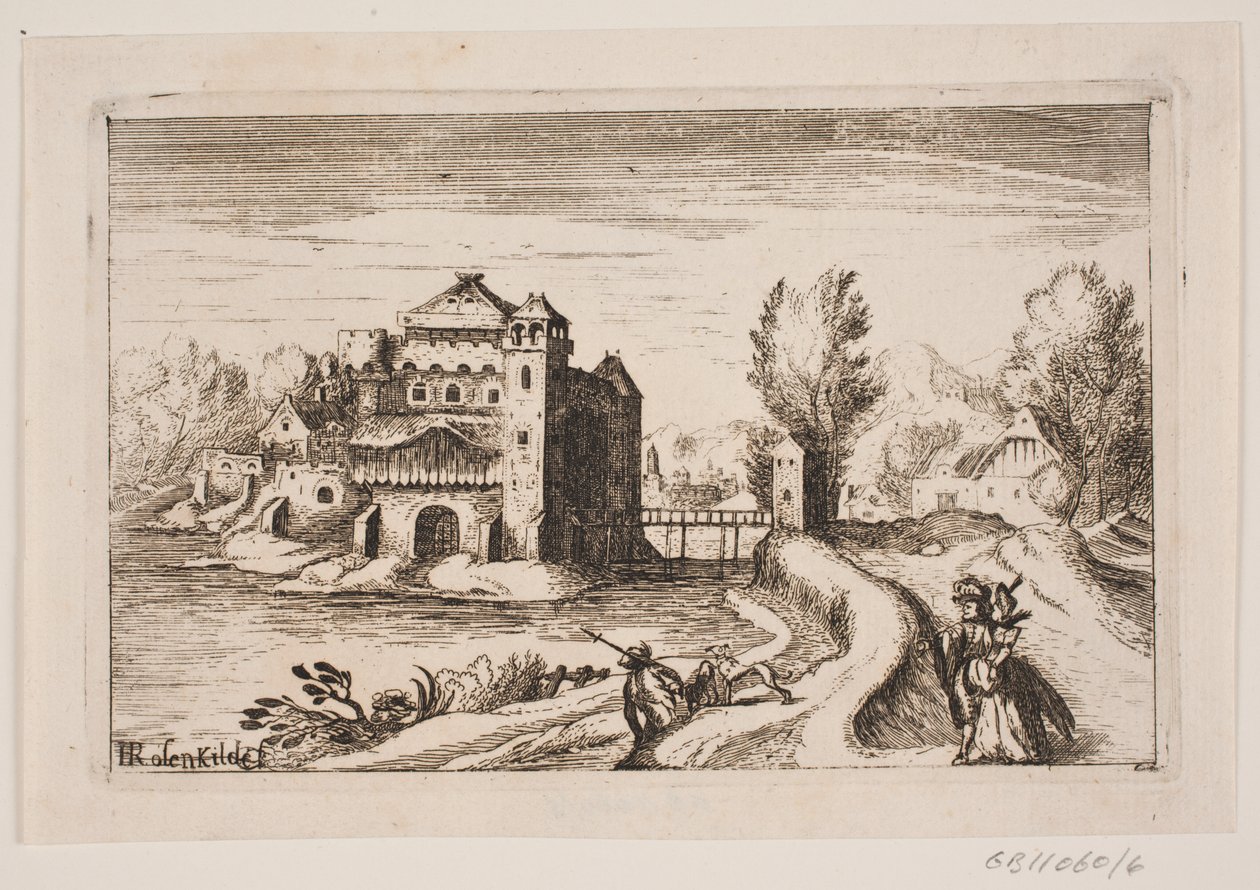 Flodlandskap med slott på en bank av H. Rosenkilde