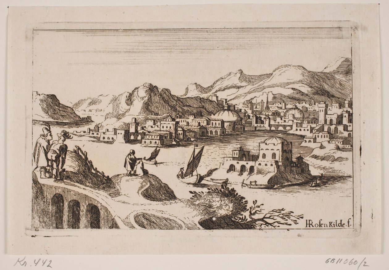 Kuperat kustlandskap med orientaliska byggnader av H. Rosenkilde