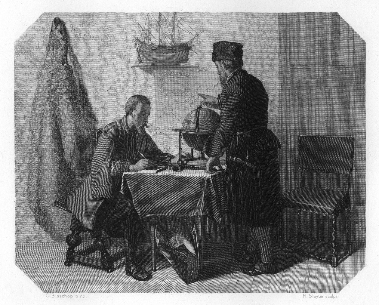 Willem Barents och Jacob van Heemskerk kartlägger sin rutt, 1596 c1870 av H. Sluyter