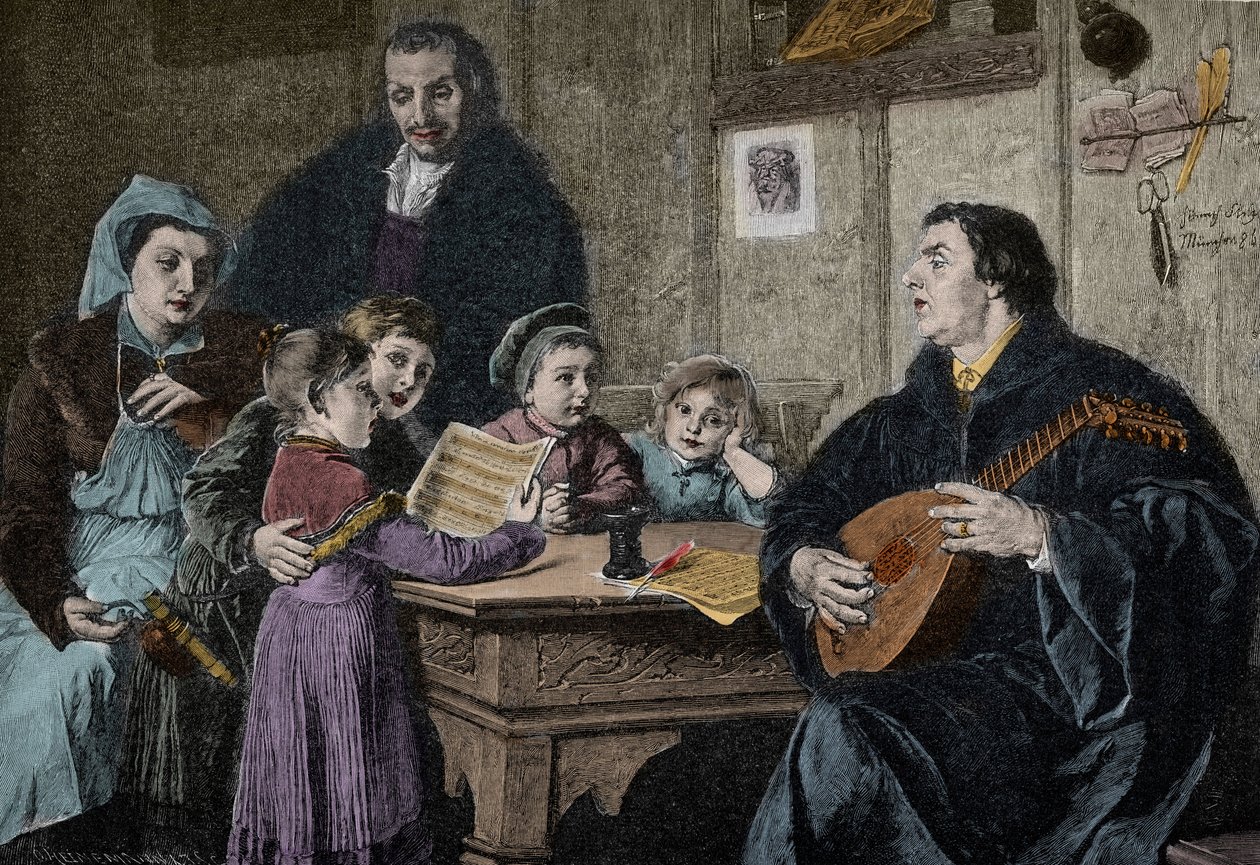 Martin Luther (1483-1546) mitt i sin familj (gravyr efter H Stelzner) av H. Stelzner