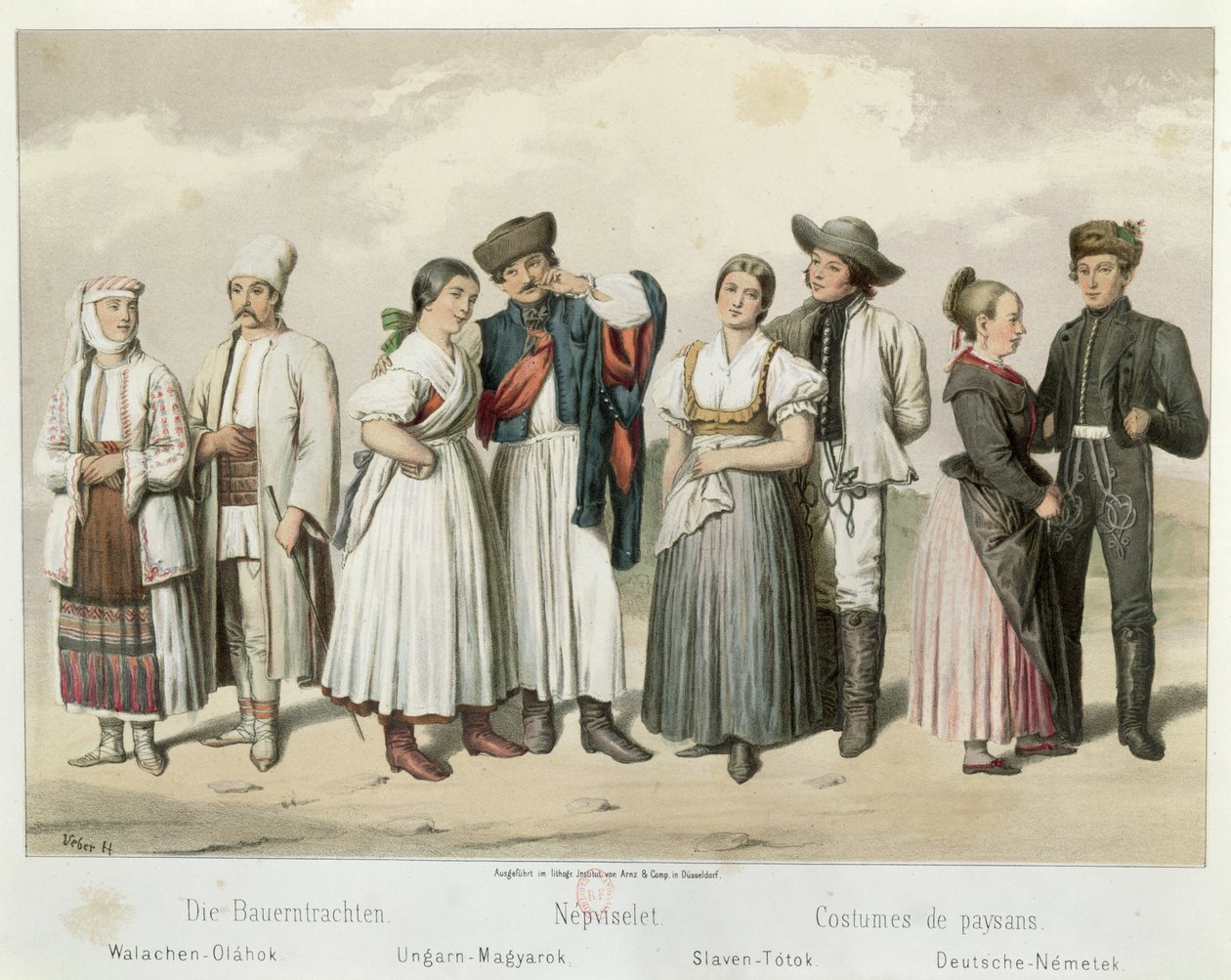 Dräkter av bönder från (L till R) Rumänien, Ungern, Slovakien och Tyskland, från 