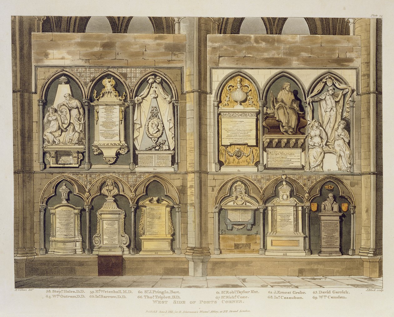 West Side of Poets Corner, skylt 24 från Westminster Abbey, graverad av puben J. Bluck (fl.1791-1831). av Rudolph Ackermann (1764-1834) 1811 (akvatint) av H. Villiers