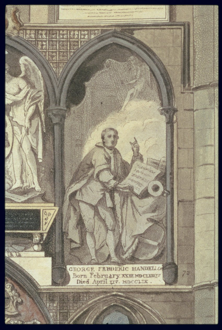 West Side of Poets Corner, skylt 25 från Westminster Abbey, detalj av George Frederick Handels begravningsmonument 1685-1759, graverad av J. Bluck fl.1791-1831 pub. av Rudolph Ackermann 1764-1834 1 av H. Villiers