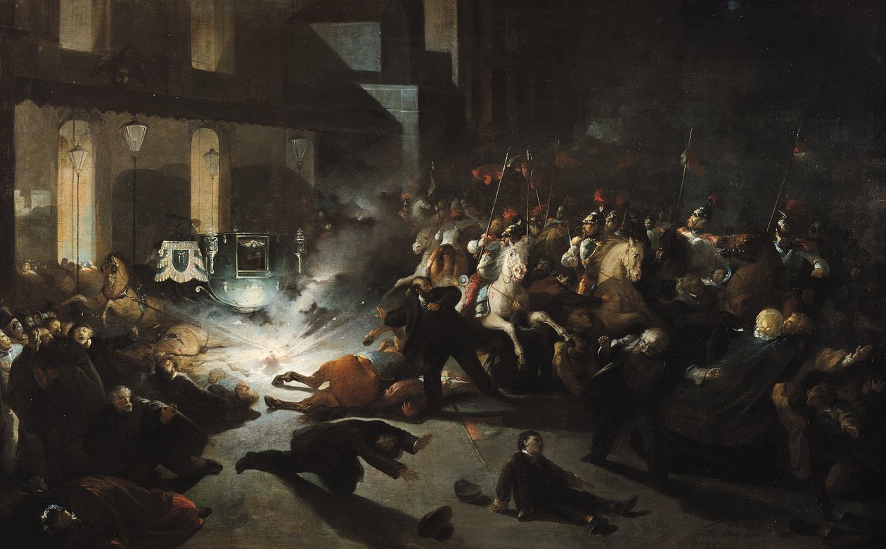 Attentatförsöket på kejsar Napoleon III (1808-73) av Felice Orsini (1819-59) den 14 januari 1858, 1862 av H. Vittori Romano