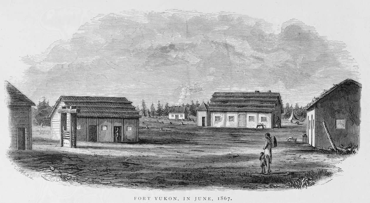 Fort Yukon, juni 1867, från "Alaska och dess resurser", av William H. Dall, graverad av John Andrew, pub. 1870 av H. W., Elliot