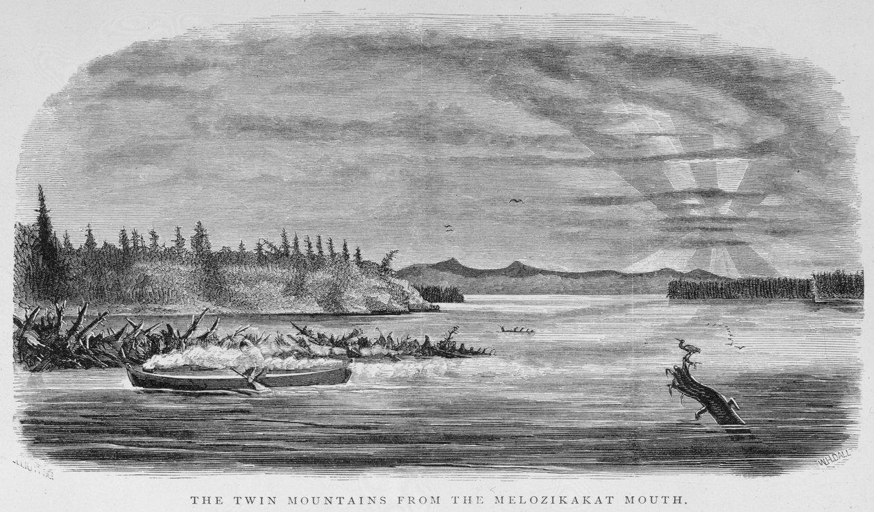 Tvillingbergen från Melozikakat-munnen, från "Alaska och dess resurser", av William H. Dall, graverad av John Andrew, pub. 1870 av H. W., Elliot