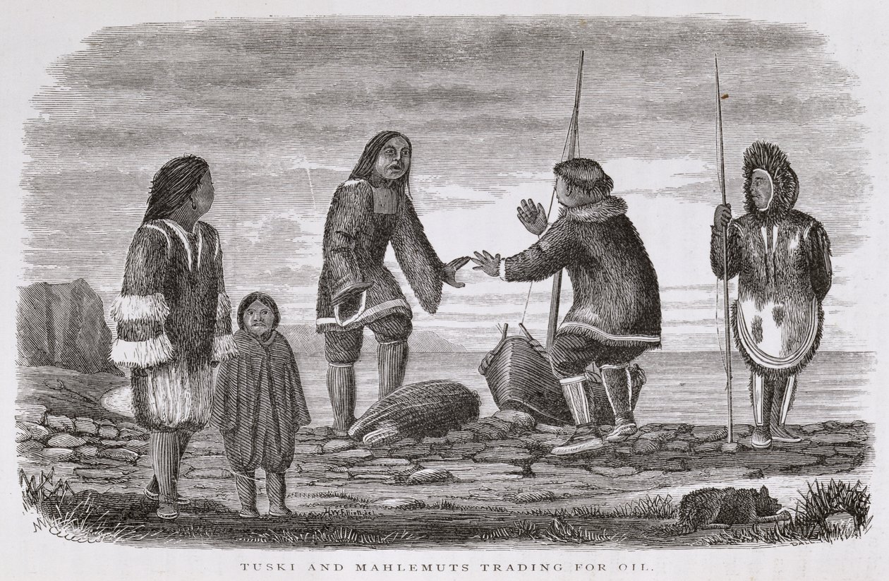 Tuski och Mahlemuts Trading for Oil, från "Alaska och dess resurser", av William H. Dall, graverad av John Andrew, pub. 1870 av H. W., Elliot