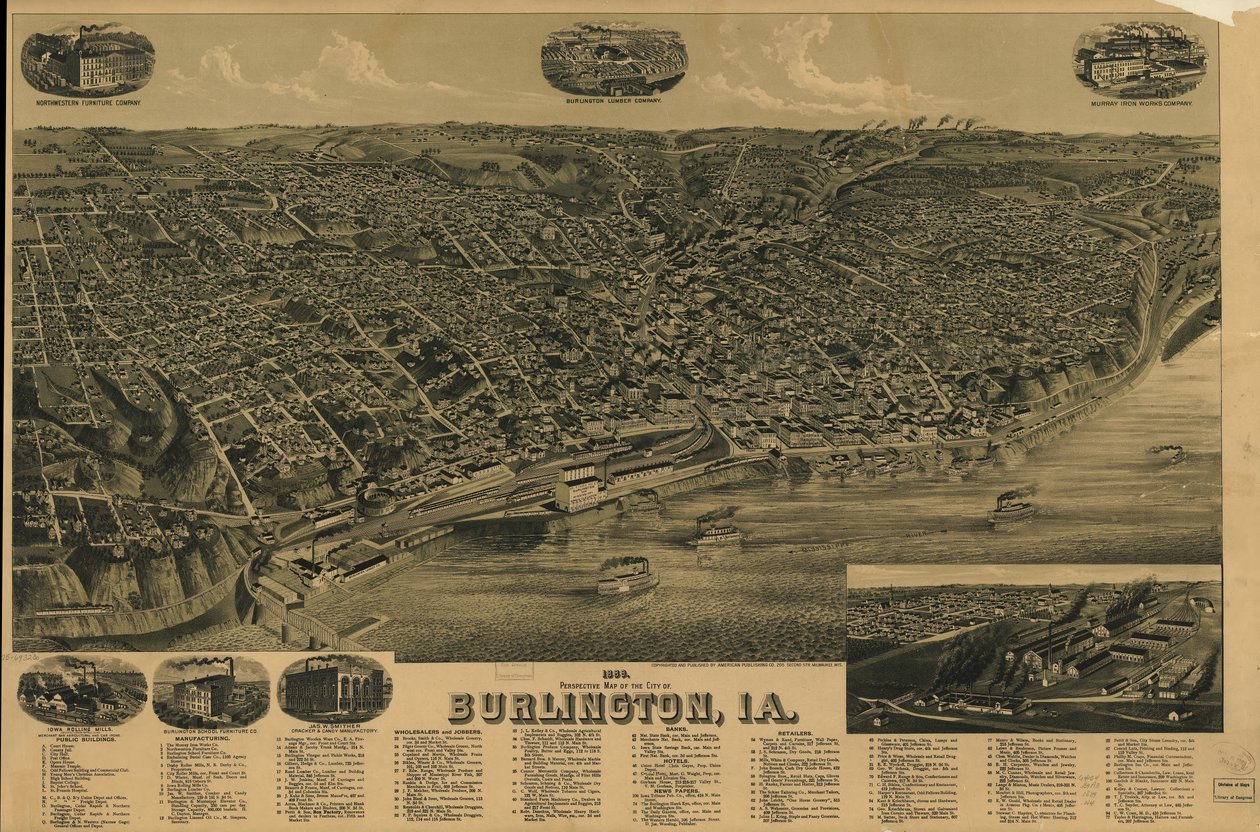 1889 års perspektivkarta över staden Burlington, Ia. LOC 75693230 av H. Wellge