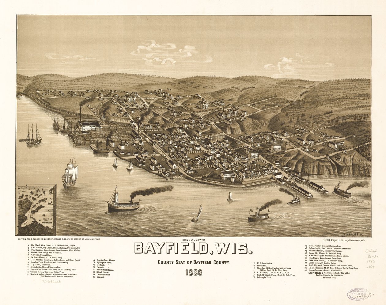 Fågelperspektiv över Bayfield, Wisconsin, countysäte i Bayfield County 1886. LOC 75696703 av H. Wellge