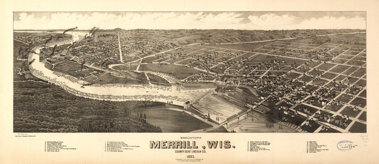 Fågelperspektiv av Merrill, Wis. county seat Lincoln Co. 1883. LOC 75696715 av H. Wellge