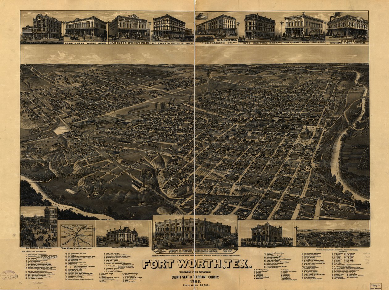 Perspektivkarta inte skalenlig. Fågelperspektiv. LC Panoramic maps (2nd ed.), 910 Tillgänglig även via Library of Congresss webbplats som en rasterbild. Inkluderar bilder, index över intressanta platser och karta över Fort Worths järnvägsanläggningar. AACR av H. Wellge