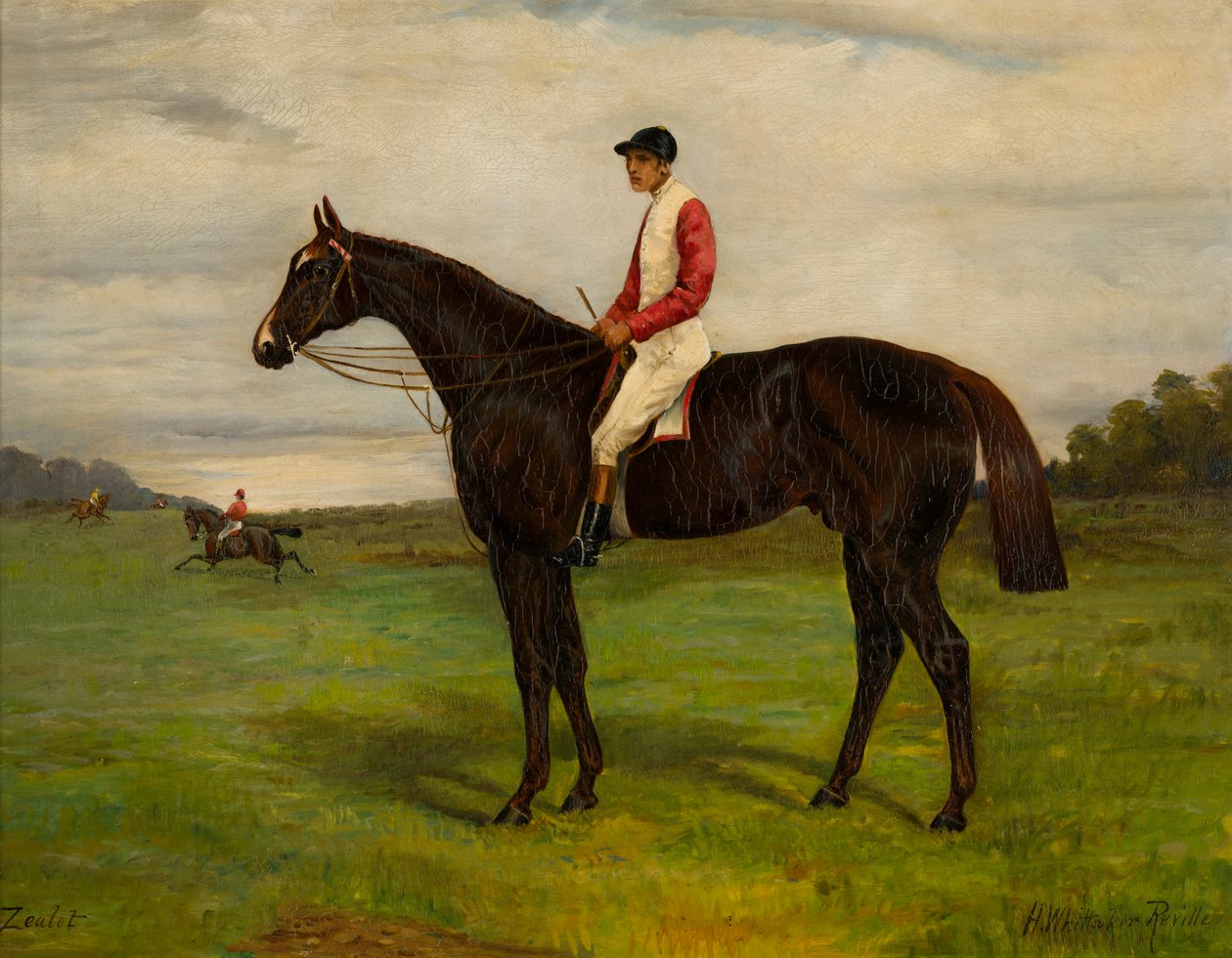 Zealot a bay racehorse with jockey, c.1871-1933 (olja på duk) av H. Whittaker Reville
