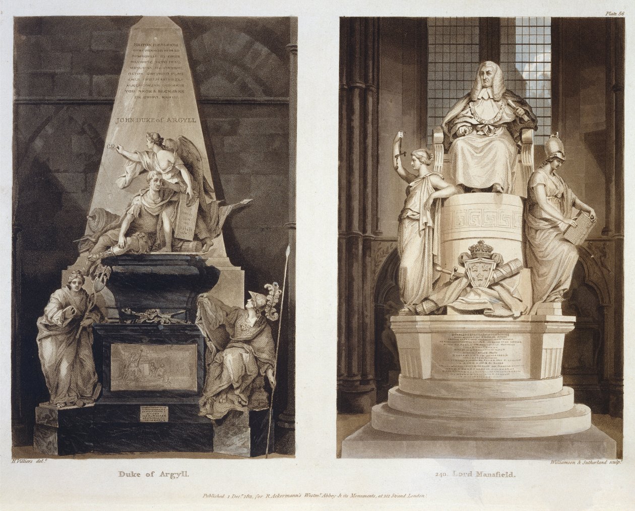 Tombs of the Duke of Argyll och Lord Mansfield, skylt 56 från Westminster Abbey, graverad av Williamson och Thomas Sutherland, pub. av Rudolph Ackermann (1764-1834) 1811 (akvatint) av H. after Villiers