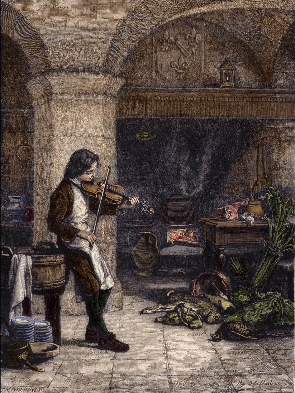 Jean Baptiste Lully (Giovanni Battista Lulli) (1632-1687), fransk kompositör, sedan "" galopin"" eller marmiton av Mademoiselle de Montpensier. Gravyr av T. Meyer-Heine (Meyer Heine) från en teckning av Hippolyte de La Charlerie (1827-1867). av H. de la (after) Charlerie