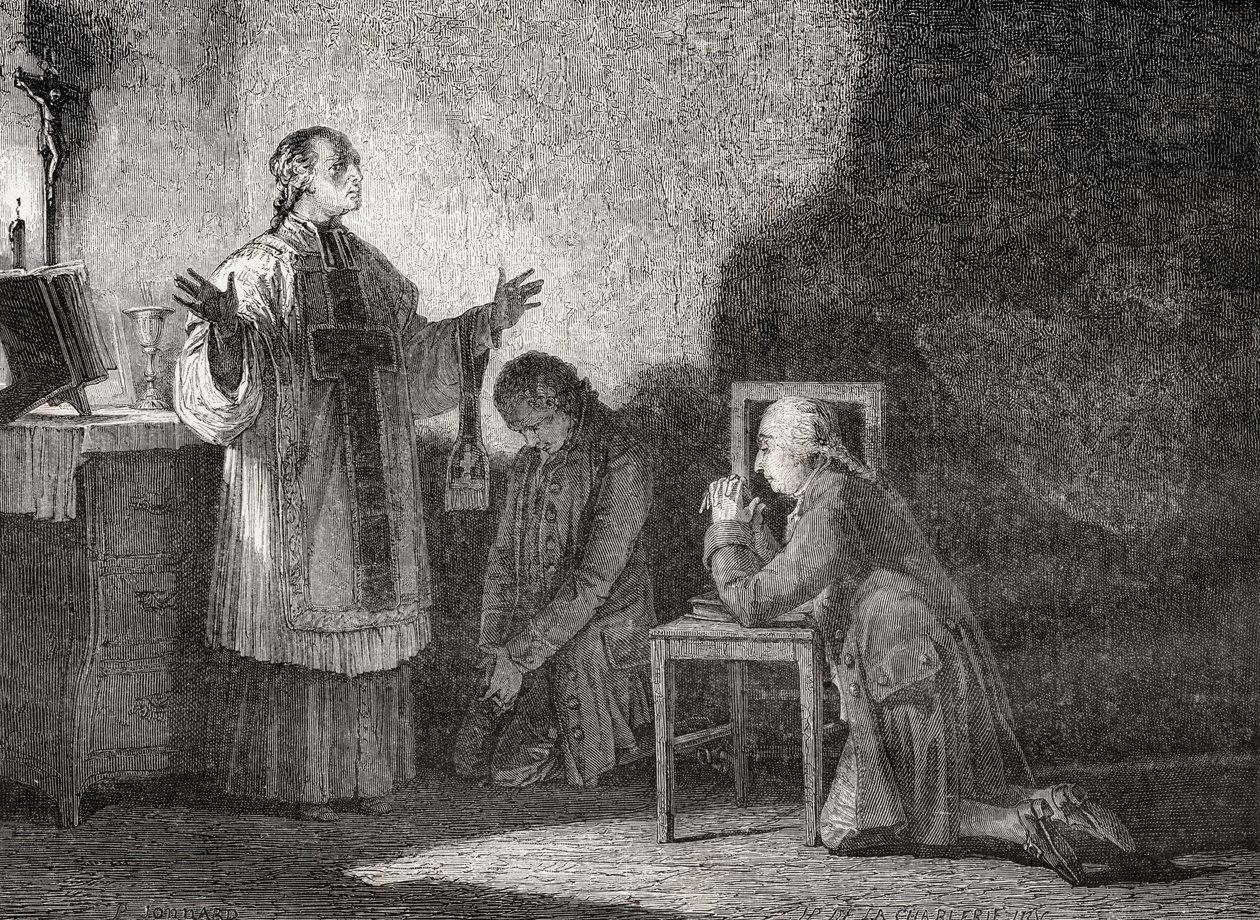Ludvig XVI (1754-93) vid bön före hans avrättning av H. de la Charlerie
