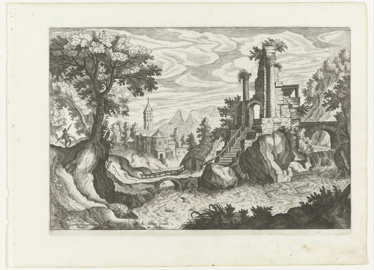 Landskap med en flod och ruin av H. van Schuppen