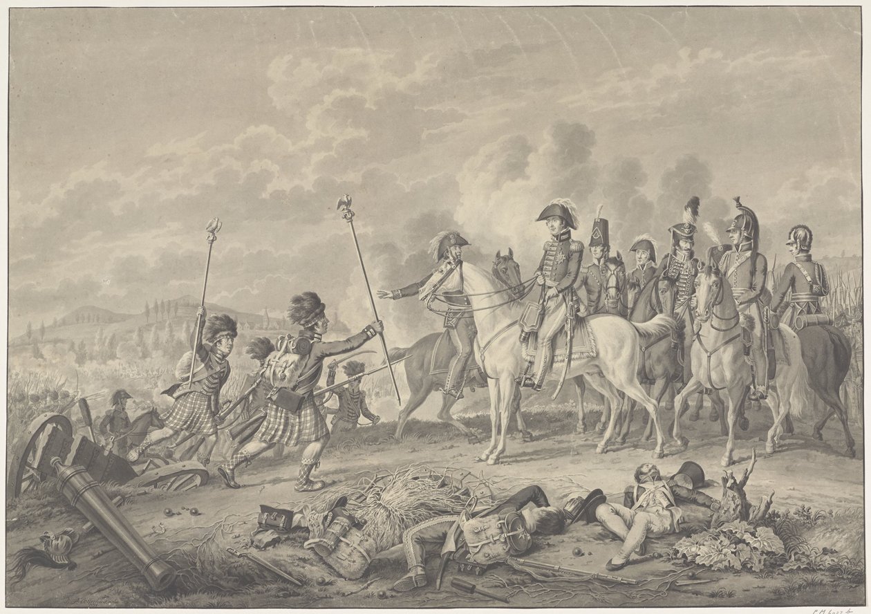 Duke of Wellington tar emot två standarder med örnar fångade från fransmännen under slaget vid Waterloo, 1815 av Haatje Pieters Oosterhuis