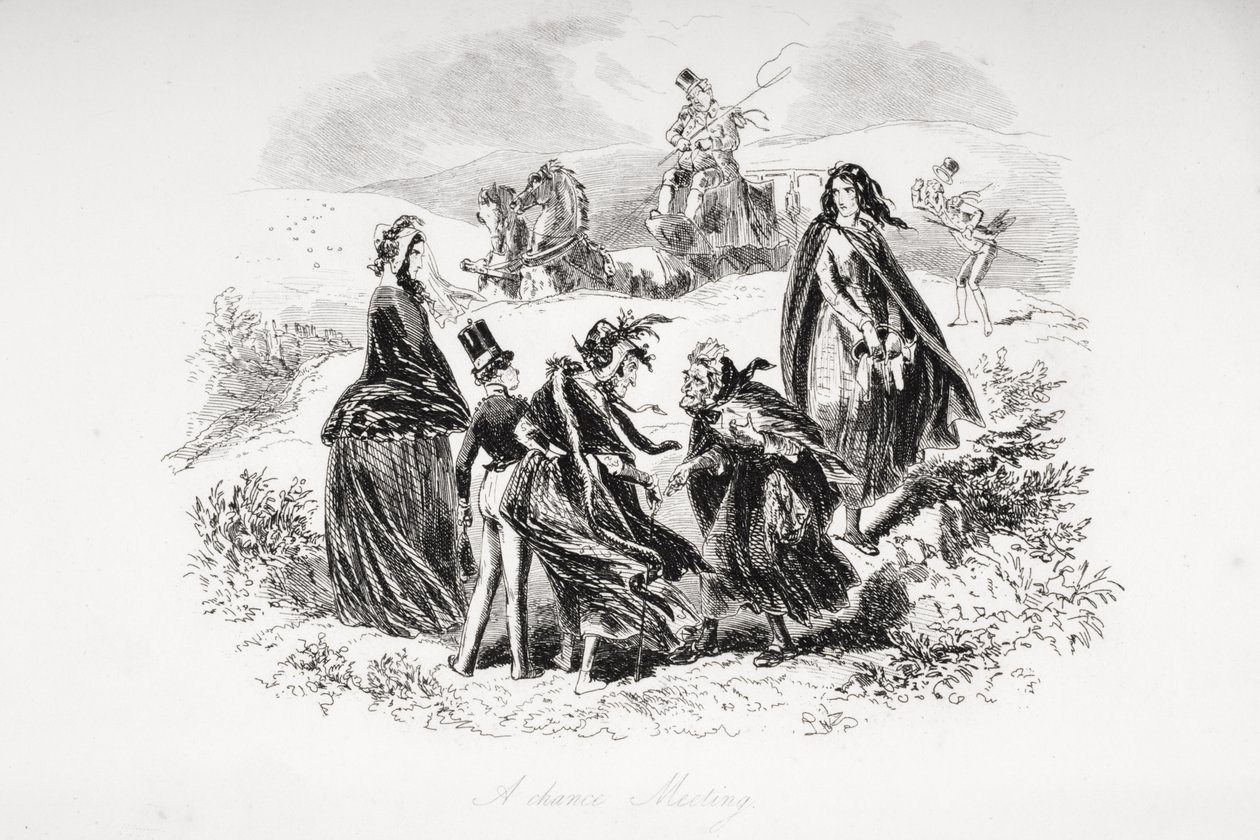 Ett slumpmässigt möte, illustration från "Dombey and Son" av Charles Dickens (1812-70) publicerad först 1848 av Hablot Knight Browne