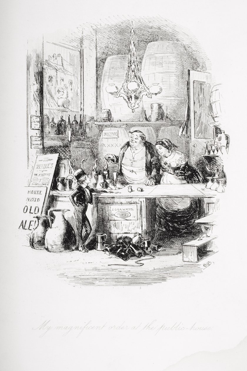 En magnifik beställning på puben, illustration från "David Copperfield" av Charles Dickens (1812-70), första gången publicerad 1850. av Hablot Knight Browne