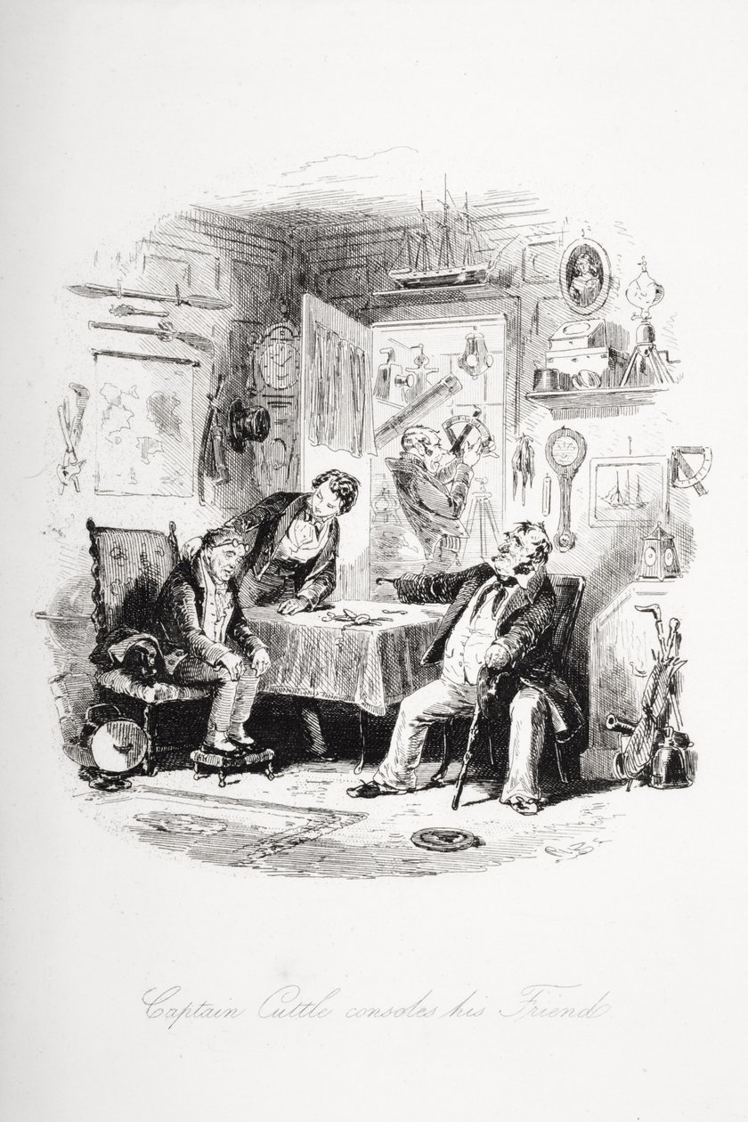 Kapten Cuttle tröstar sin vän, illustration från "Dombey and Son" av Charles Dickens (1812-70), första gången publicerad 1848. av Hablot Knight Browne