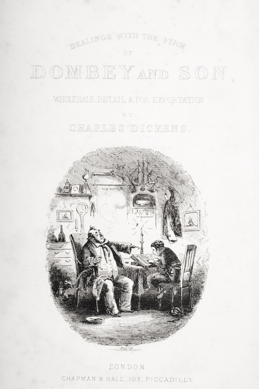 Omslagsillustration för "Dombey and Son" av Charles Dickens, publicerad första gången 1848 av Hablot Knight Browne