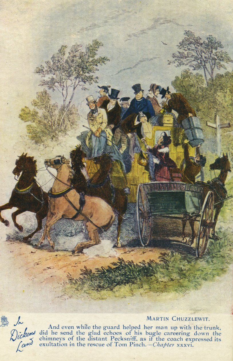 I Dickens land - Martin Chuzzlewit vykort, ca 1907 av Hablot Knight Browne