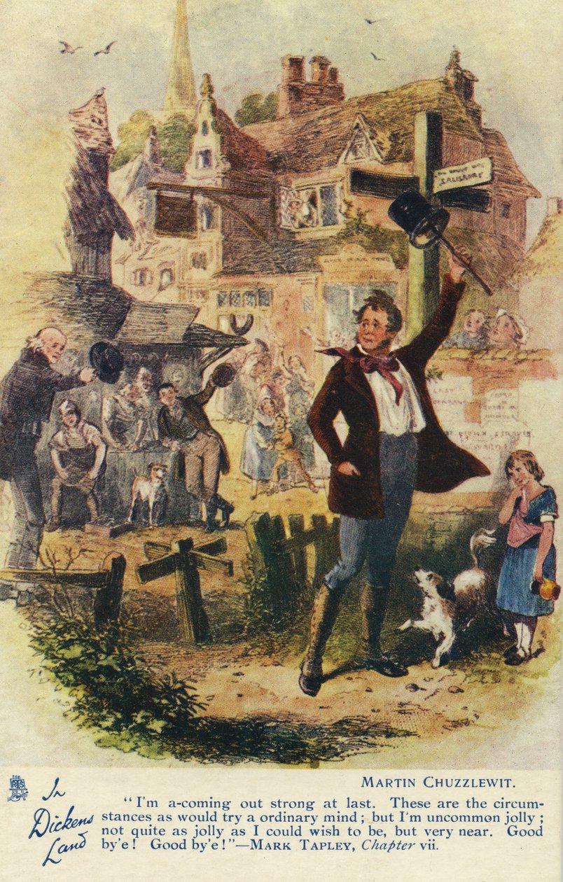 I Dickens Land - Martin Chuzzlewit vykort, c.1907 av Hablot Knight Browne