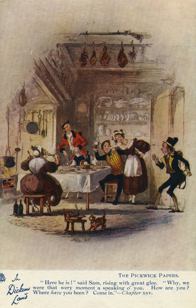 I Dickens land - vykortet Pickwick Papers, ca 1905 av Hablot Knight Browne