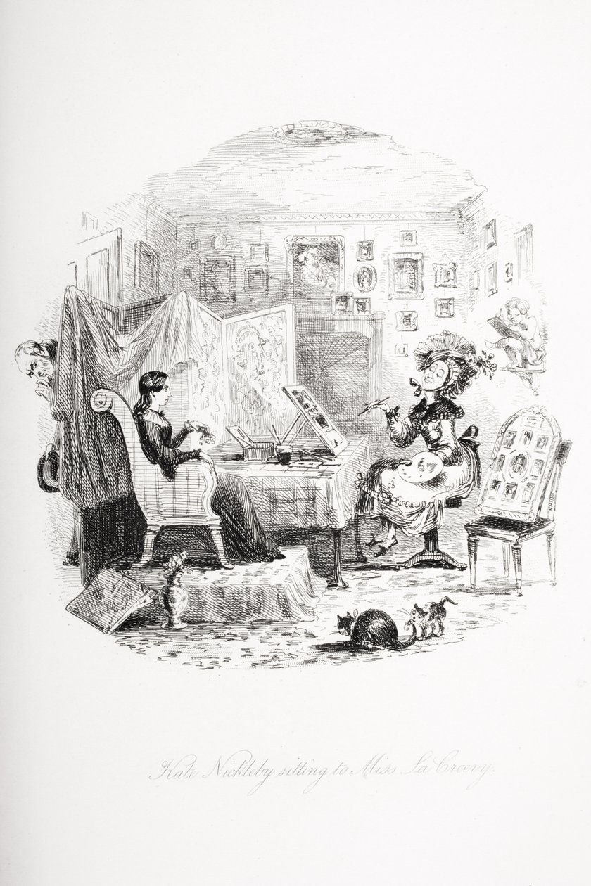 Kate Nickleby sittande hos miss La Creevey, illustration från "Nicholas Nickleby" av Charles Dickens (1812-70), publicerad 1839. av Hablot Knight Browne