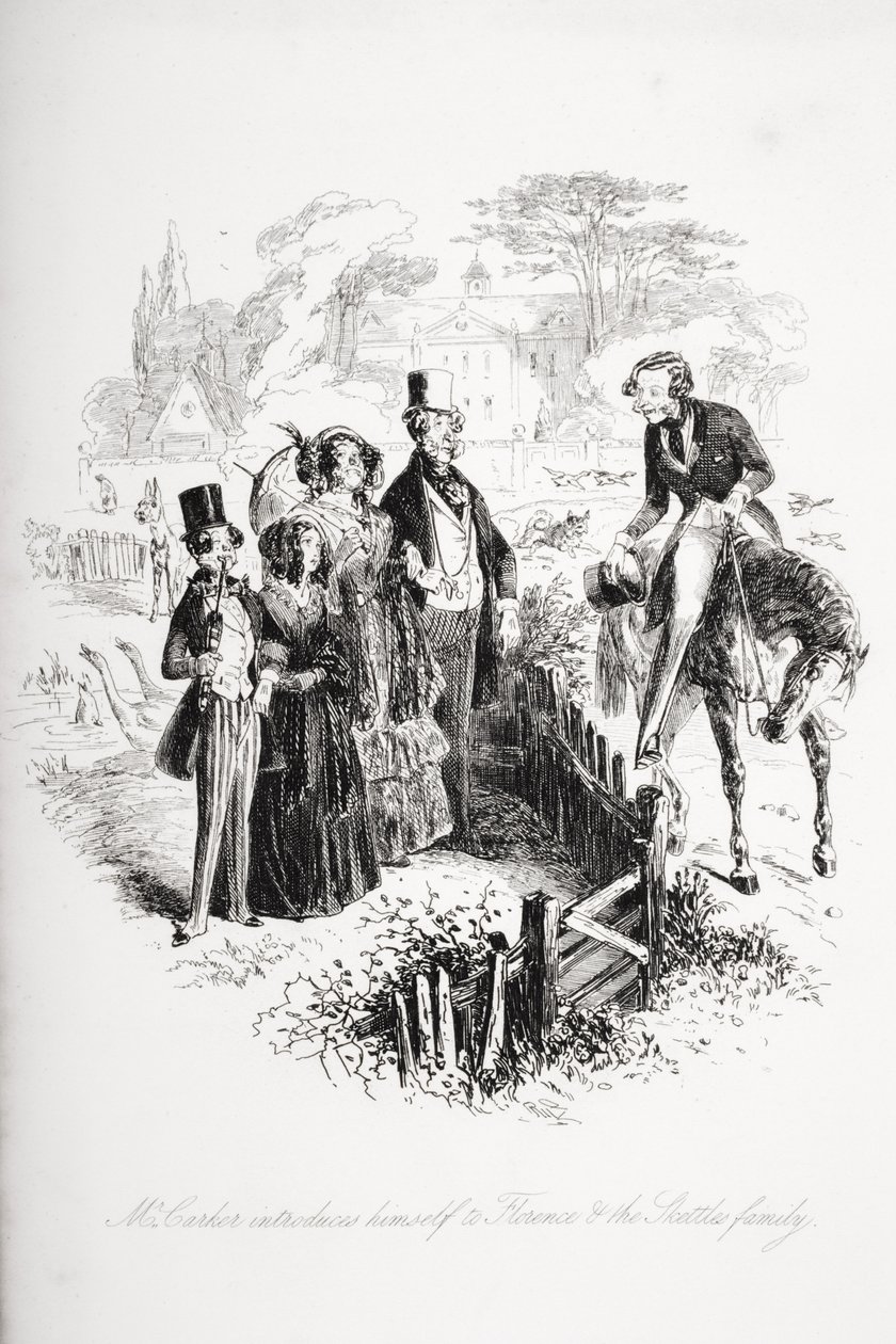 Mr. Carker presenterar sig själv för Florence och Skettles-familjen, illustration från "Dombey and Son" av Charles Dickens (1812-70) publicerad första gången 1848 av Hablot Knight Browne