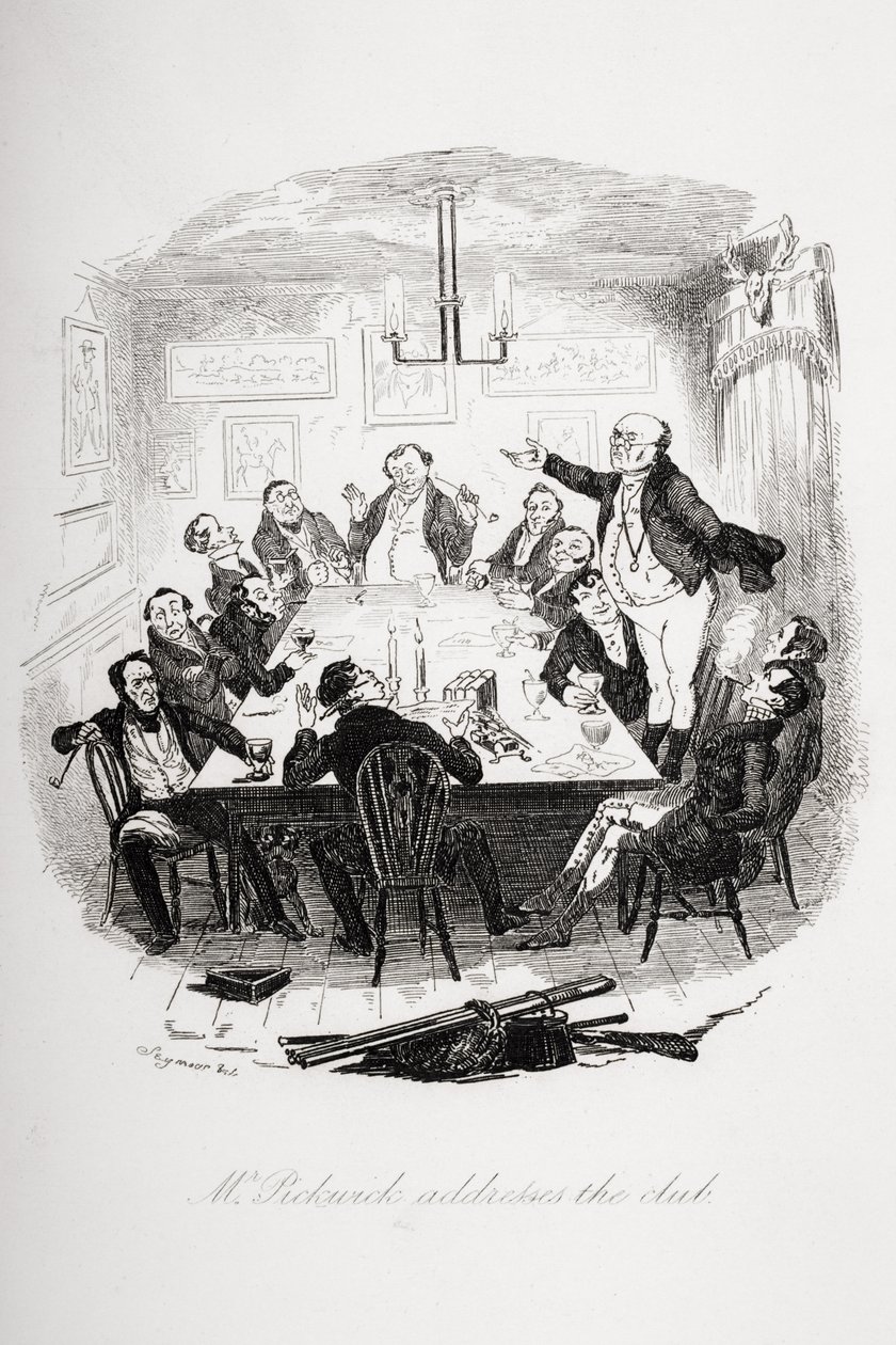 Mr. Pickwick talar till klubben, illustration från `The Pickwick Papers