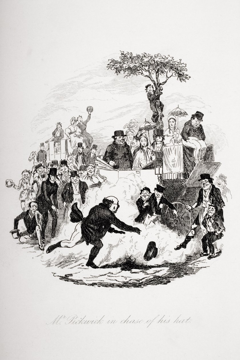 Mr. Pickwick i jakten på sin hatt, illustration från `The Pickwick Papers