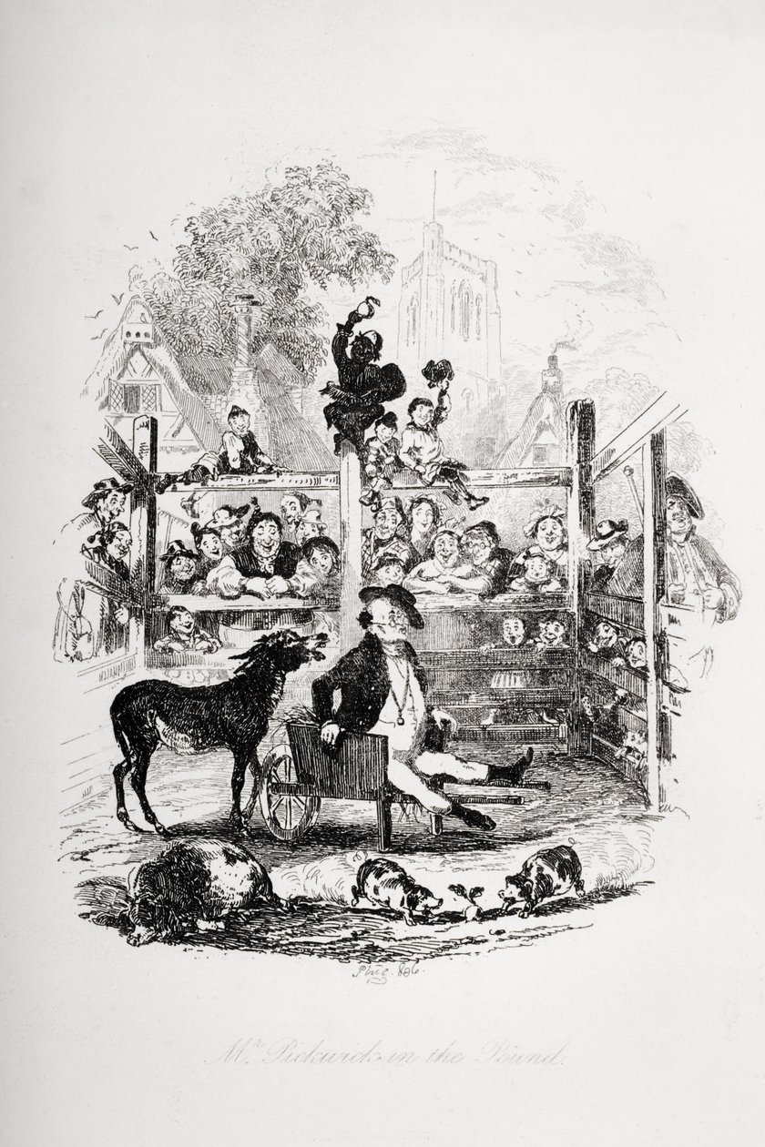 Mr Pickwick in the pound, illustration från "Pickwick Papers" av Charles Dickens (1812-70), publicerad 1837. av Hablot Knight Browne