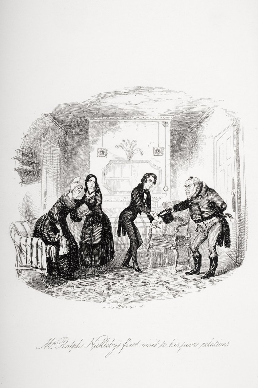 Mr. Ralph Nicklebys första besök i hans fattiga släktingar, illustration från `Nicholas Nickleby